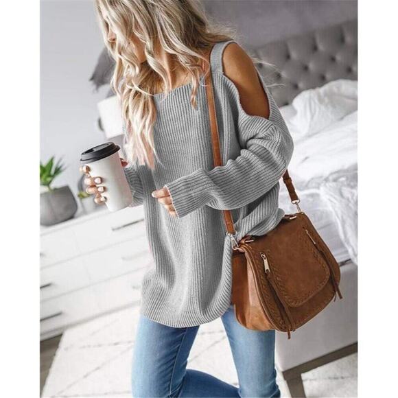 Women's Cold Shoulder Oversized Sweaters Grey Batwing Long Sleeve Top - Picture 2 of 4
